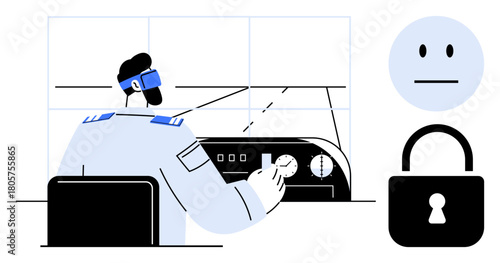 Air traffic controller operating navigation controls, digital display, neutral face symbol, and padlock. Ideal for aviation, security, control systems, communication, monitoring safety privacy