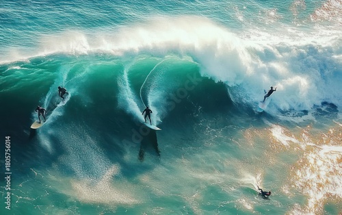 Three surfers carving a massive sunlit turquoise wave with one falling and a paddler in the white water, spray and foam flying, dynamic adrenaline-filled ocean action