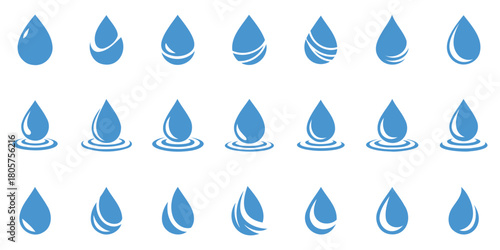 Collection of blue water drop icons with ripple and wave effects vector