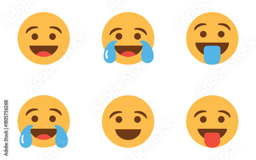 Six yellow emoji faces with different expressions on white background happy laughing
