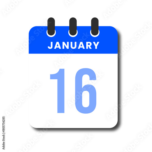 Blue January 16 flat calendar icon, modern vector for planner, schedule, and daily reminder use.