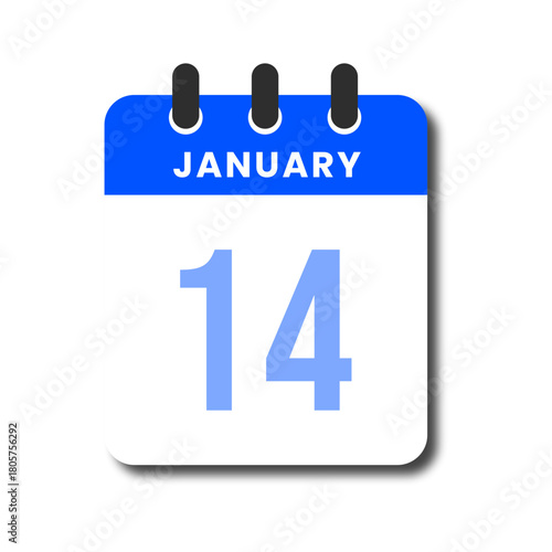 Clean flat January 14 calendar icon with blue header, designed for planners and time tracking.