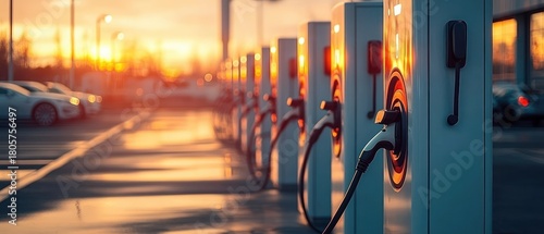 Row of electric vehicle charging stations in a parking lot at sunset, cables and plugs visible with parked cars and warm reflective light, evoking calm hopeful sustainable future