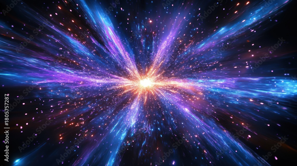 Fototapeta premium awe inspiring radiant cosmic explosion with a glowing central core and streaming purple and blue light rays surrounded by sparkling star particles
