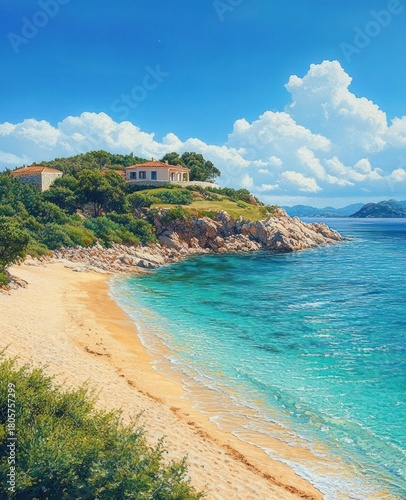 Sunlit sandy beach and turquoise sea embracing a rocky headland topped with red-roofed coastal villas and lush greenery under towering white clouds, peaceful summer seaside scene
