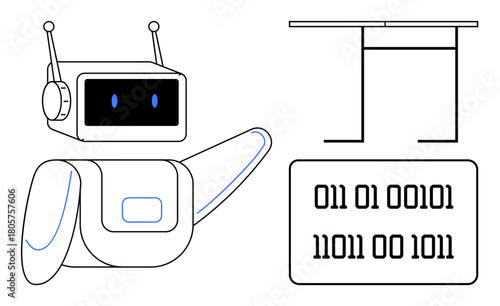 Robot with antennae gestures towards binary code on a digital screen beside a table. Ideal for technology, coding, AI, robotics, automation, learning, innovation themes. Simple flat metaphor