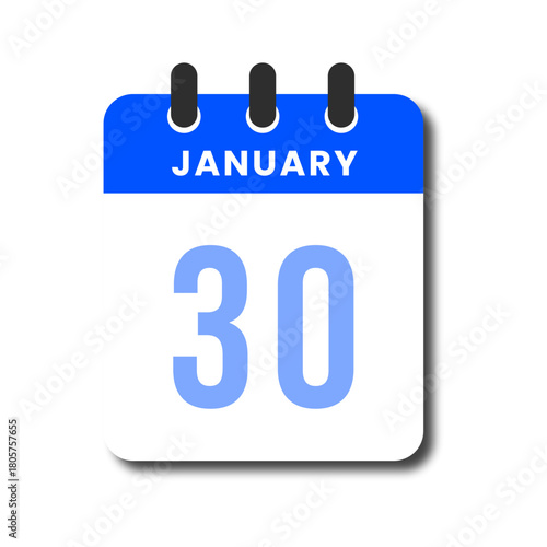 Modern flat January 30 blue calendar icon, clean design for digital planner or UI element.