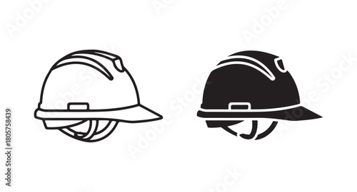 Construction helmet graphic with editable strokes, available as line and filled versions.