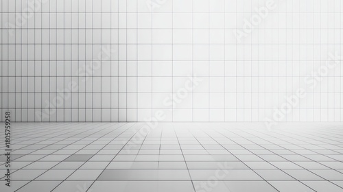 Empty white tiled room with floor and wall grid pattern, minimal studio space bathed in soft light with a calm sterile atmosphere