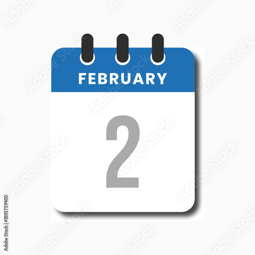 Minimalist flat blue February 2 calendar icon, ideal for planner apps, business dashboards, and scheduling tools.