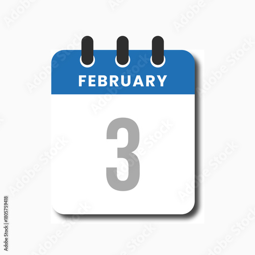 Blue February 3 flat calendar icon with clean vector design, suitable for planner and productivity use.