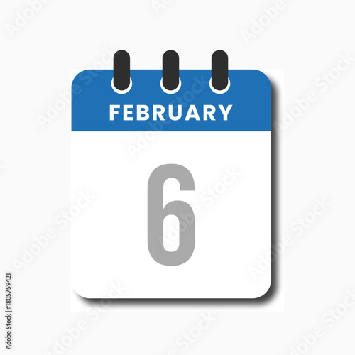 Modern flat February 6 blue calendar icon, ideal for digital planners, apps, and productivity systems.