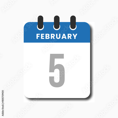Flat vector icon of February 5 with blue header, clean minimalist design for planner and UI toolkits.