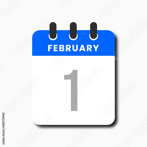 Flat blue February 1 calendar icon with clean minimalist design, perfect for planner, schedule, and productivity interface.