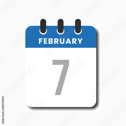 Minimalist blue February 7 calendar icon in flat vector style, perfect for UI dashboards and planners.