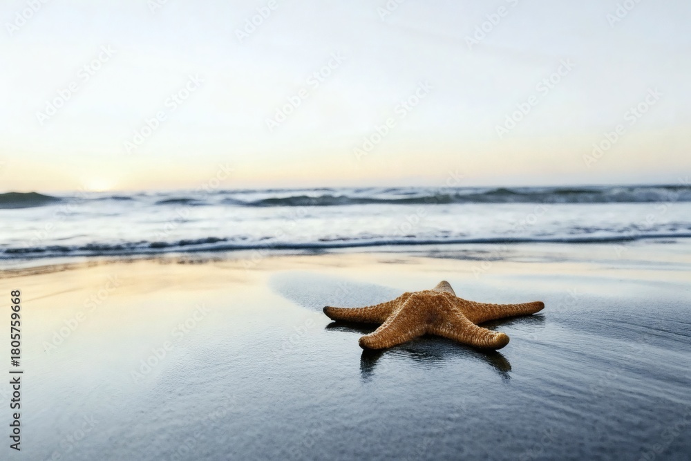 Fototapeta premium Vibrant starfish on wet beach sand at sunset with gentle ocean waves. Tranquil coastal nature scene showcasing marine life, seaside beauty, and a peaceful tropical evening atmosphere.