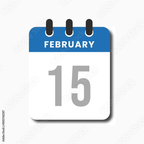 Clean flat blue February 15 calendar vector, suitable for planner UI and productivity dashboards.