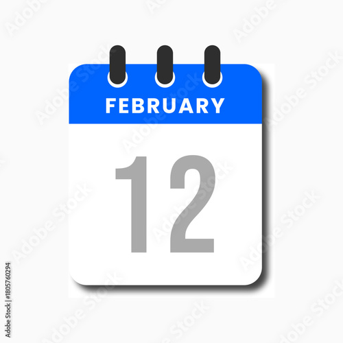 Minimalist flat blue February 12 calendar icon, perfect for planner apps and business dashboards.