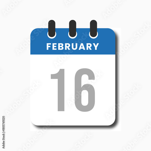 Minimalist February 16 blue calendar icon in flat design, ideal for business planner and productivity apps.