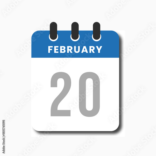 Clean flat February 20 blue calendar icon in modern vector style, ideal for planners and scheduling tools.