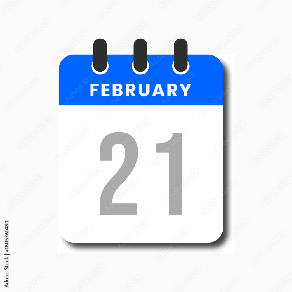 Fototapeta premium Flat blue February 21 calendar icon with clean minimalist vector style, ideal for planner and productivity apps.
