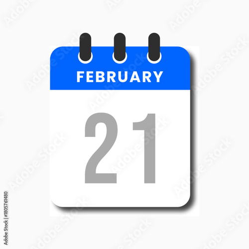 Flat blue February 21 calendar icon with clean minimalist vector style, ideal for planner and productivity apps.