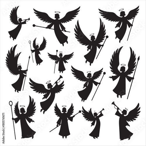Black angel silhouettes with wings and halos white
