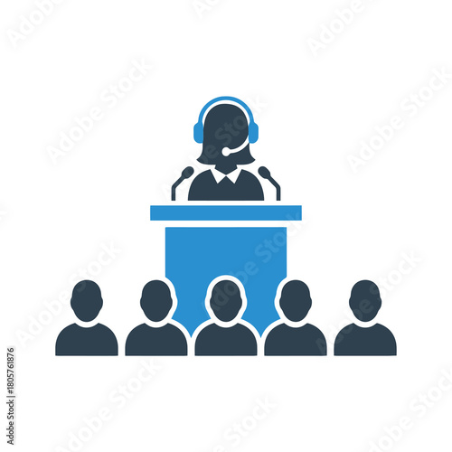 Communication and Connection: A symbol depicts a person with a headset, positioned at a podium and addressing an audience, communicating information with each other.