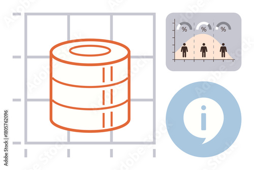 Stack of data disks, people analytics chart, and informative i symbol. Ideal for data management, analysis, statistics, business strategy, tech solutions, information sharing and simple flat