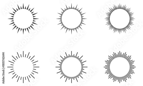 Array of Radiant Designs: A collection of six meticulously crafted sunburst designs, exuding energy and brilliance, perfect for a multitude of creative projects.