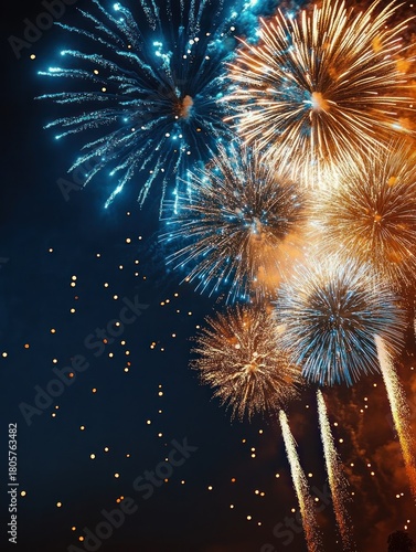 blue and golden fireworks bursting in a dark night sky with sparkling trails and glowing embers, a festive display evoking awe and celebration