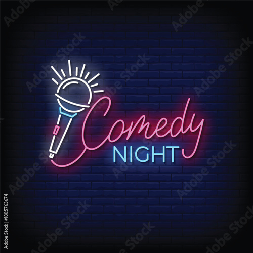 comedy night neon signboard with brick wall background vector