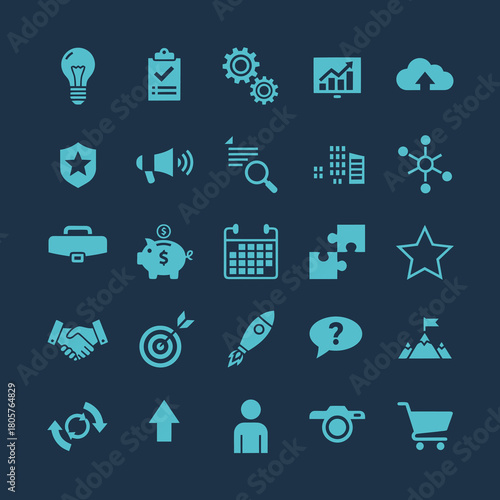 Business and Technology Icons: A collection of various icons representing diverse business and technological concepts, arranged in a visually appealing pattern. These icons encompass innovation.