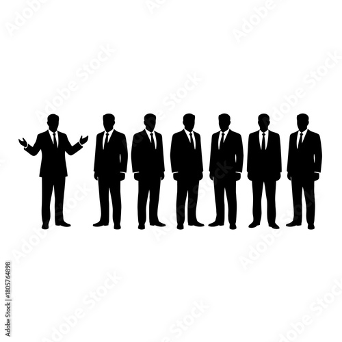 Silhouette Executives: A sharp line of business executives. Each figure's silhouette exudes confidence, showcasing the poise and professionalism essential for a thriving corporate sphere.