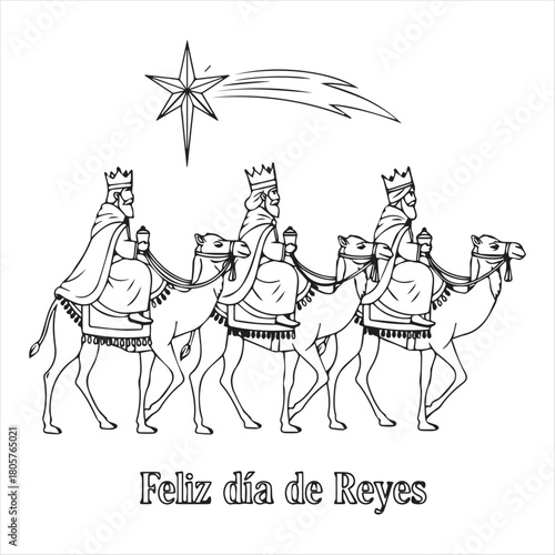 Three kings riding camels following star journey desert