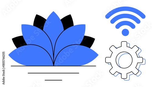 Blue lotus bloom beside gear and wireless signal, symbolizing harmony in technology, connection, and innovation. Ideal for automation, connectivity, digital growth, mindfulness, network balance