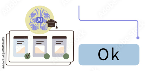 AI with a brain icon and graduation cap, checklist with marked items, and Ok button. Ideal for education, AI innovation, automation, decision-making, learning, approval workflow simple flat metaphor