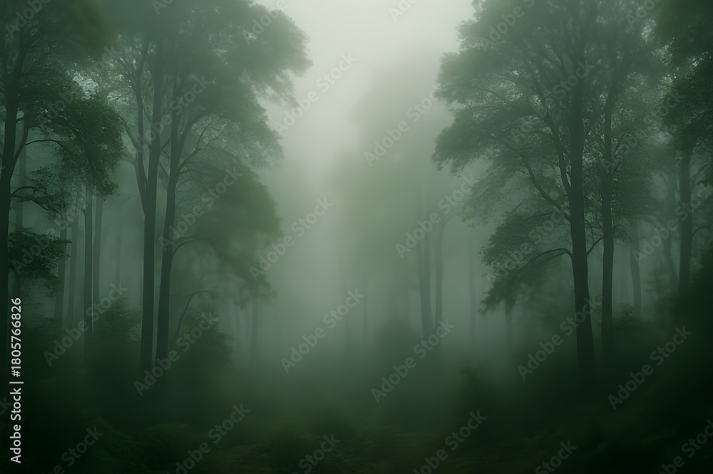 Obraz premium A dense, mist-filled forest where tall trees fade softly into the fog, creating a calm yet mysterious mood. The scene feels quiet, isolated, and atmospheric.