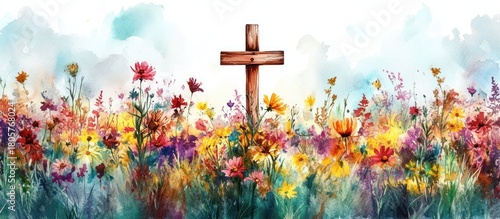 Fototapeta Naklejka Na Ścianę i Meble -  wooden cross standing in a colorful watercolor wildflower meadow under a soft sky, peaceful and contemplative with hopeful, gentle emotions