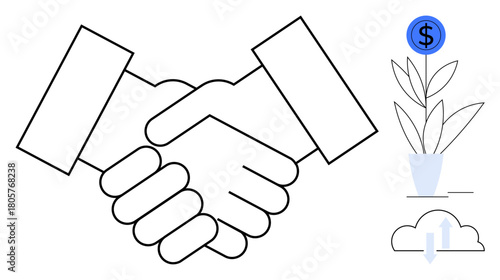 Two hands shaking, plant growing with dollar sign, and cloud with upward arrows. Ideal for business, partnership, sustainability, investment, teamwork growth and success concepts. Simple flat