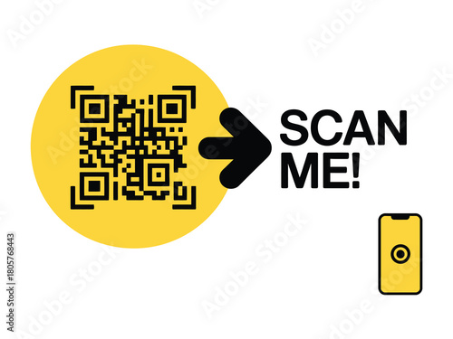 Yellow circular ‘Scan Me’ QR code sign with arrow and smartphone icon, vector illustration for digital call to action, quick mobile access