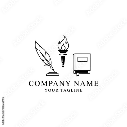 Line art logo featuring a quill pen, a flaming torch, and a closed book, symbolizing knowledge, education, and literature.