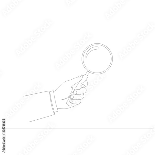 Focus and Clarity: a minimalist line art illustration shows a hand holding a magnifying glass