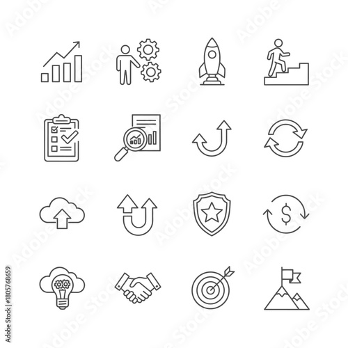 Line Icons of Strategy and Growth: An array of finely crafted line icons, capturing concepts such as goal achievement, innovation, success, and strategy. Emphasizing vision, progress.