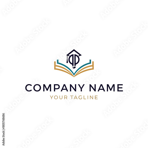 Educational logo design featuring an open book, a graduation cap, and the letters QP as a monogram.