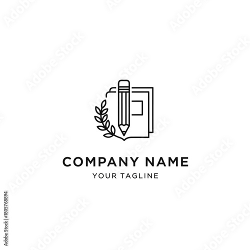 Minimalist line art logo featuring a pencil, book, and laurel wreath, ideal for education, writing, or publishing businesses.