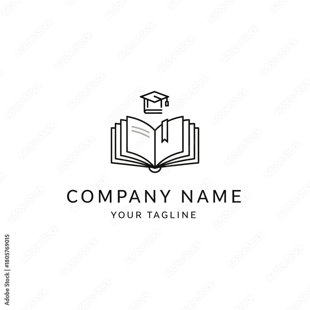 Obraz premium Minimalist line art logo featuring an open book with a graduation cap, symbolizing education, knowledge, and academic achievement.