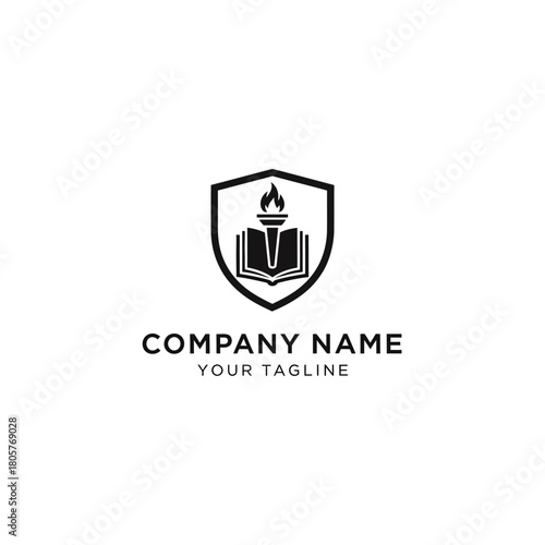 Shield logo with book and torch for education or knowledge.