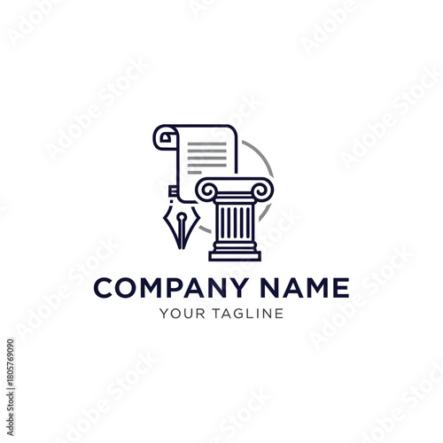 Line art logo featuring a classical column, a scroll, and a pen nib, representing law, education, or writing services.