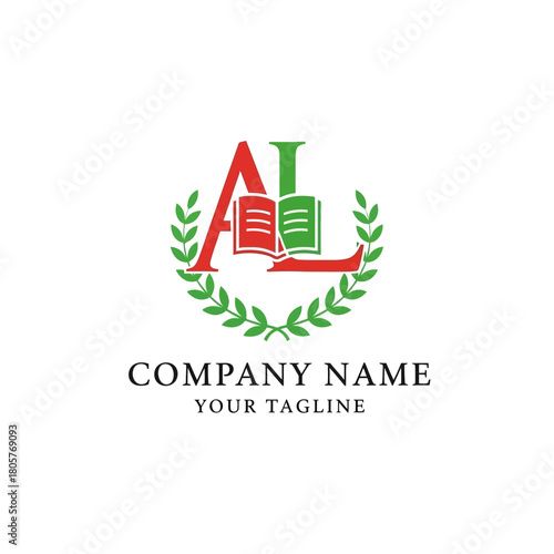 A logo design featuring the letters A and L with an open book, framed by a green laurel wreath.